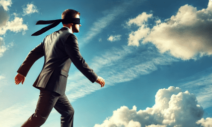 A man in a suit strides confidently with a blindfold on, as if navigating the intricate world of lead generation, against a backdrop of a blue sky with scattered clouds.